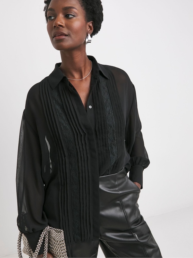 JD Williams Black Lace Trim Chiffon Shirt - Image 1 of 4