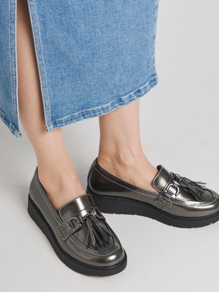 JD Williams Metallic Extra Wide Fit Low Wedge Tassle Trim Loafers - Image 1 of 4