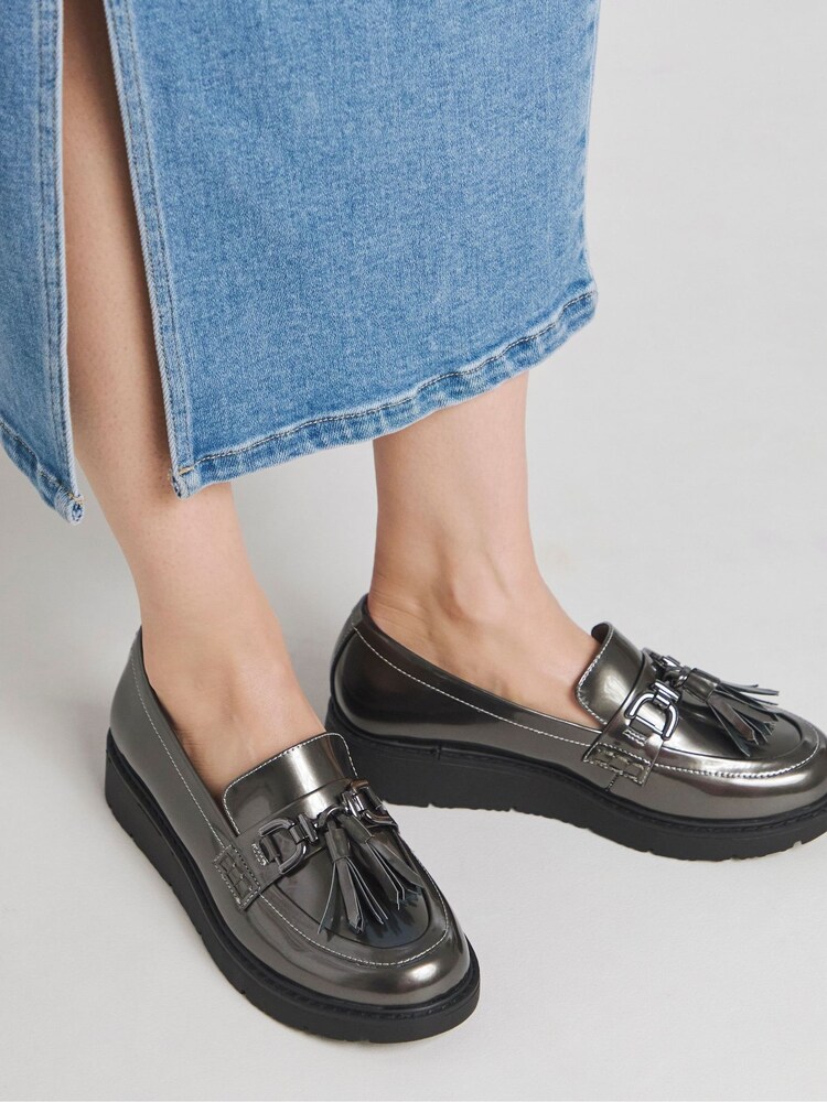 JD Williams Metallic Extra Wide Fit Low Wedge Tassle Trim Loafers - Image 1 of 4 JD Williams Metallic Extra Wide Fit Low Wedge Tassle Trim Loafers - Image 1 of 4