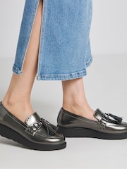 JD Williams Metallic Extra Wide Fit Low Wedge Tassle Trim Loafers - Image 4 of 4
