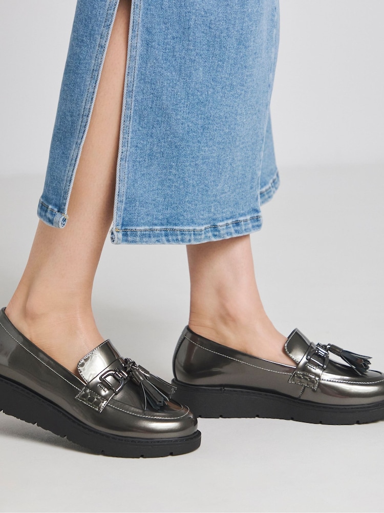 JD Williams Metallic Extra Wide Fit Low Wedge Tassle Trim Loafers - Image 4 of 4