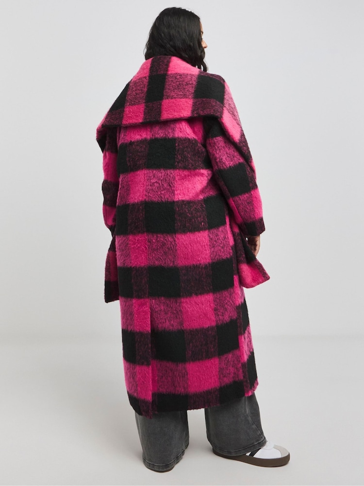 Simply Be Pink Blanket Check Faux Wool Maxi Scarf Coat - Image 2 of 4