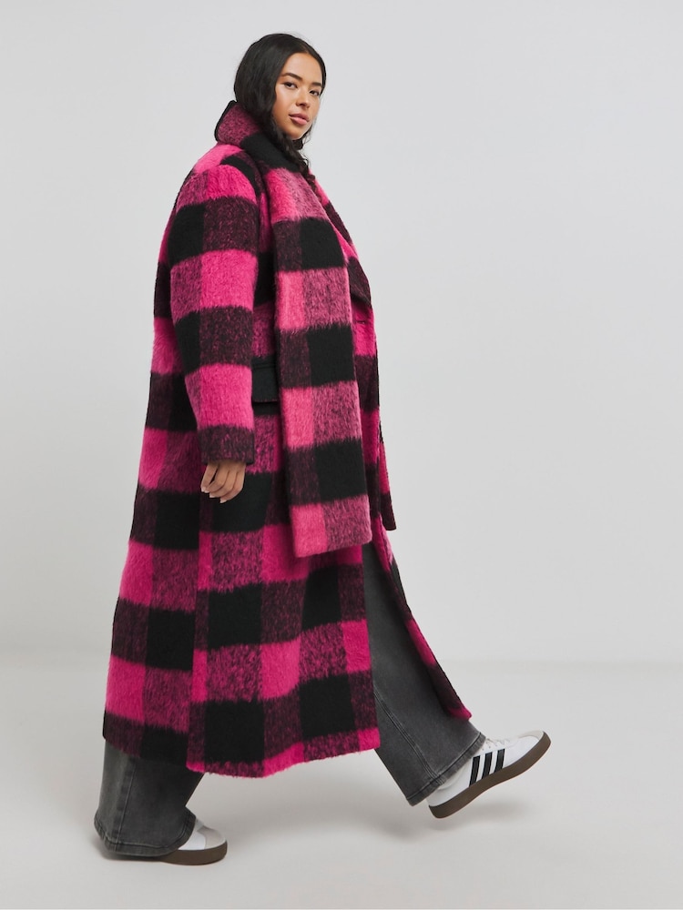 Simply Be Pink Blanket Check Faux Wool Maxi Scarf Coat - Image 4 of 4