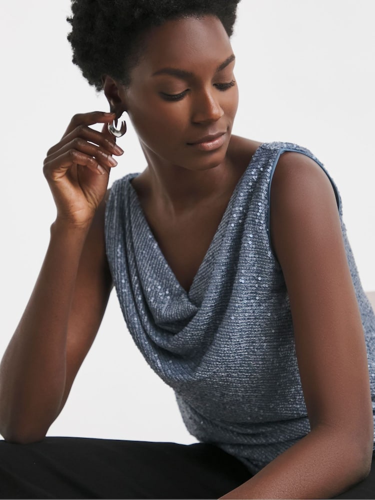 JD Williams Blue Reversible Silver Cowl Neck Sequin Vest - Image 1 of 4