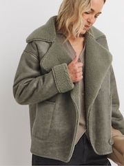JD Williams Green Revere Collar Shearling Jacket - Image 1 of 4