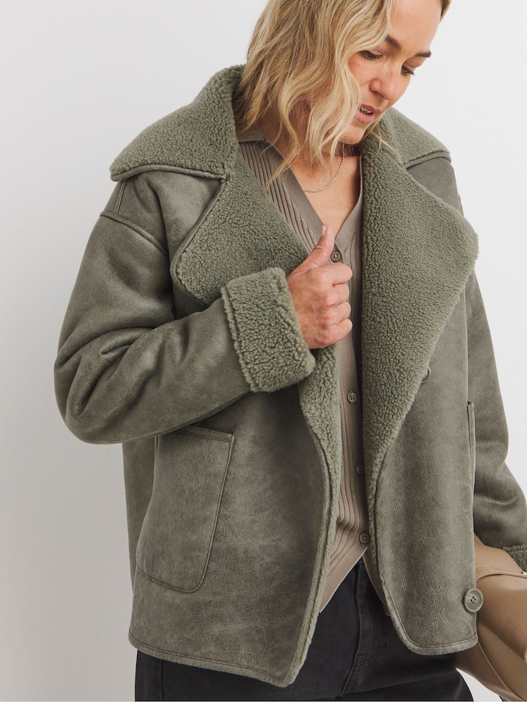 JD Williams Green Revere Collar Shearling Jacket - Image 1 of 4