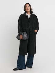 JD Williams Black Longline Teddy PU Contrast Coat - Image 1 of 4