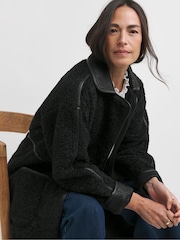 JD Williams Black Longline Teddy PU Contrast Coat - Image 2 of 4