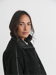 JD Williams Black Longline Teddy PU Contrast Coat - Image 4 of 4