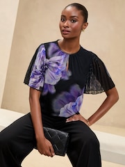 Lipsy Black/Purple Printed Chiffon Angel Sleeve Blouse - Image 1 of 4