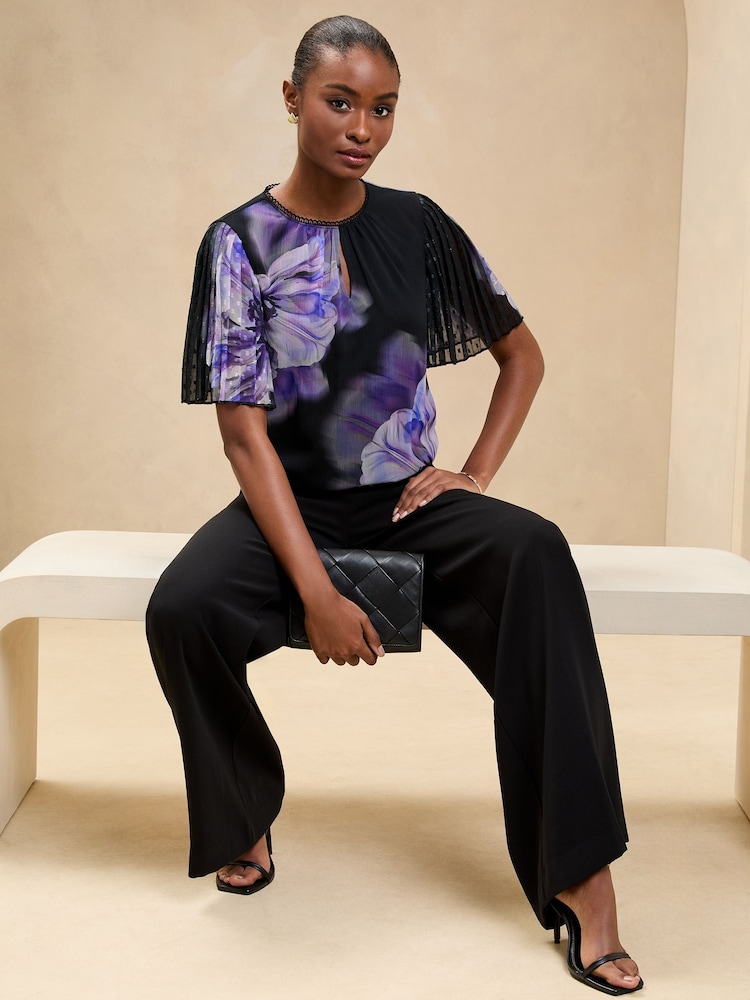Lipsy Black/Purple Printed Chiffon Angel Sleeve Blouse - Image 4 of 4