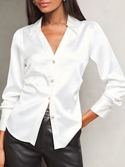 Lipsy Cream Ruched Side Satin Button Through Shirt - Image 3 of 4