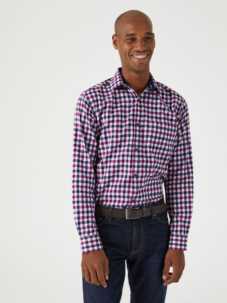 Skopes Berry/Navy Blue Gingham Check Regular Fit Casual 100% Cotton Shirt - Image 1 of 5