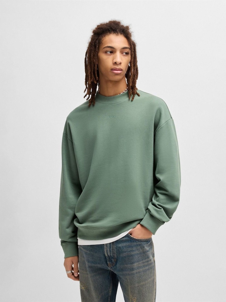 HUGO Khaki Green Hugo Relaxed Fit 100% Cotton Crew Neck Sweat Top - Image 1 of 5