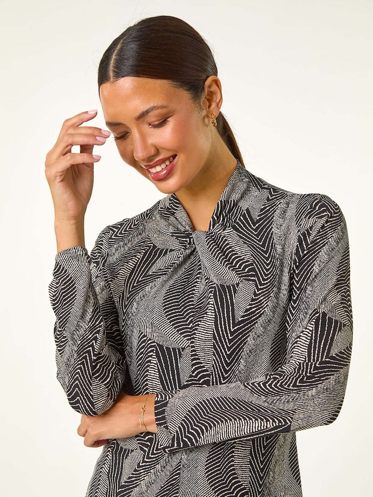Roman Black Abstract Print Twist Neck Top - Image 1 of 5