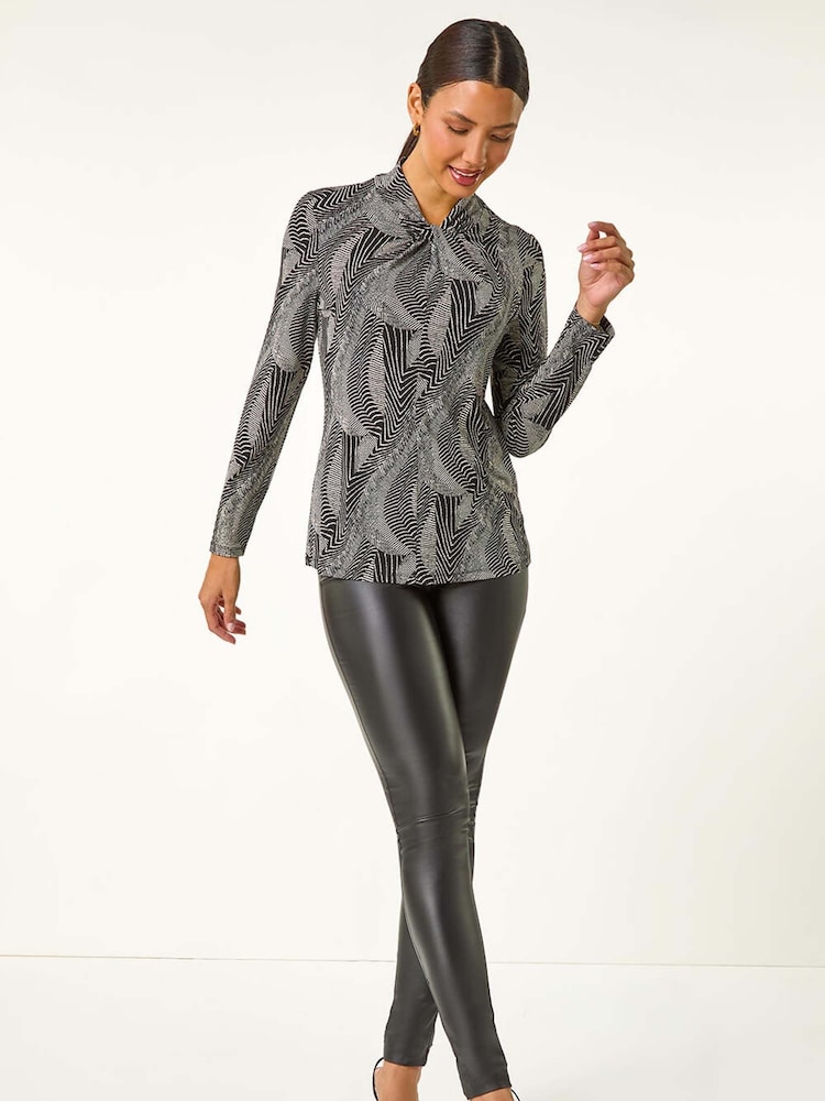 Roman Black Abstract Print Twist Neck Top - Image 2 of 5