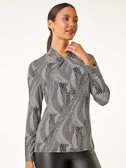 Roman Black Abstract Print Twist Neck Top - Image 4 of 5