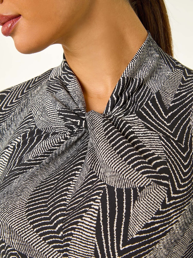 Roman Black Abstract Print Twist Neck Top - Image 5 of 5