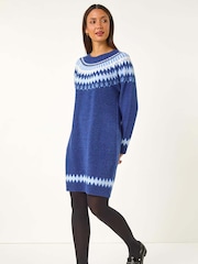 Roman Blue Soft Knit Fairisle Pattern Jumper Dress - Image 1 of 5