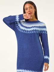 Roman Blue Soft Knit Fairisle Pattern Jumper Dress - Image 2 of 5