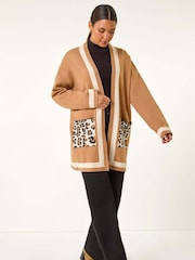 Roman Natural Animal Print Contrast Pocket Cardigan - Image 2 of 5