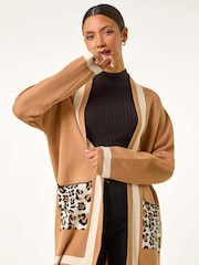 Roman Natural Animal Print Contrast Pocket Cardigan - Image 4 of 5