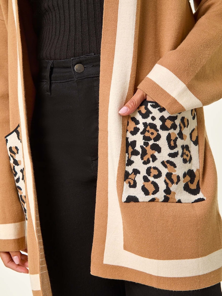 Roman Natural Animal Print Contrast Pocket Cardigan - Image 5 of 5