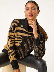 Roman Brown Jacquard Animal Print Roll Neck Knit Jumper - Image 1 of 5