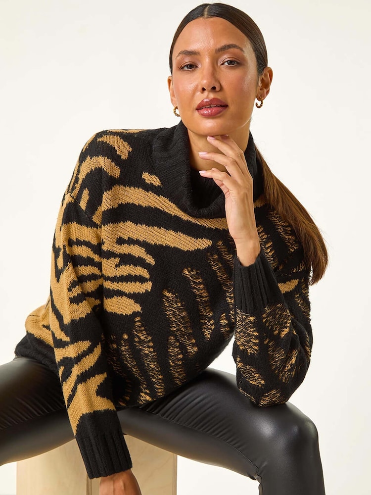 Roman Brown Jacquard Animal Print Roll Neck Knit Jumper - Image 1 of 5