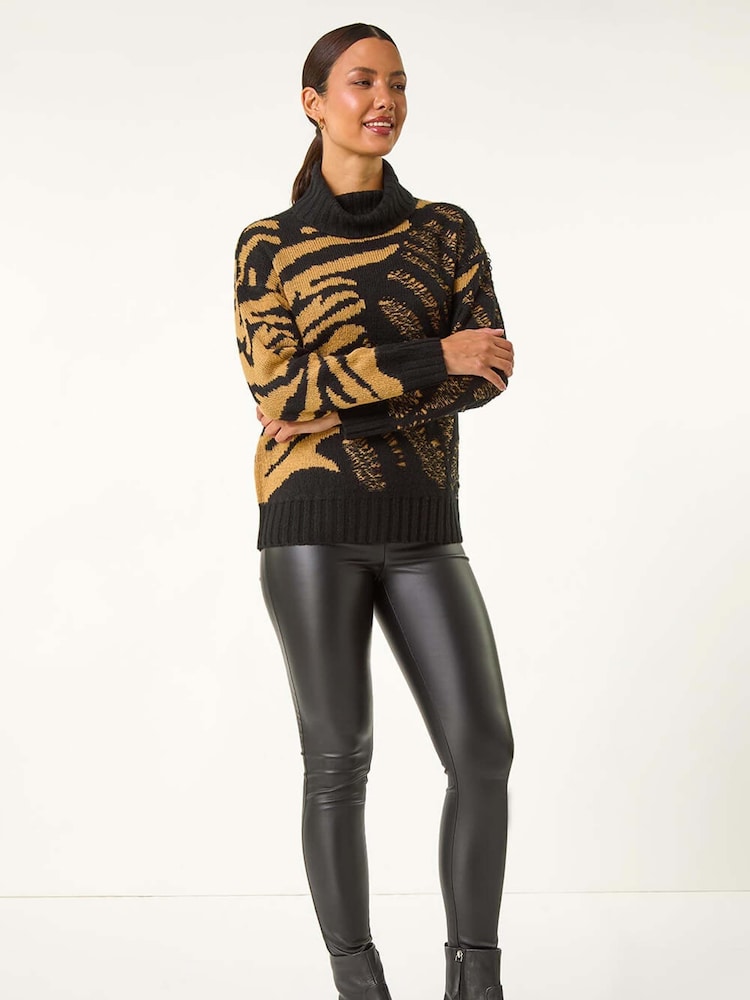 Roman Brown Jacquard Animal Print Roll Neck Knit Jumper - Image 2 of 5