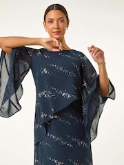 Roman Blue Sequin Embellished Asymmetric Overlay Dress - Image 2 of 5