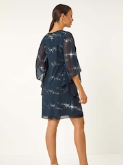 Roman Blue Sequin Embellished Asymmetric Overlay Dress - Image 3 of 5