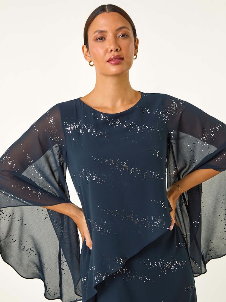 Roman Blue Sequin Embellished Asymmetric Overlay Dress - Image 4 of 5