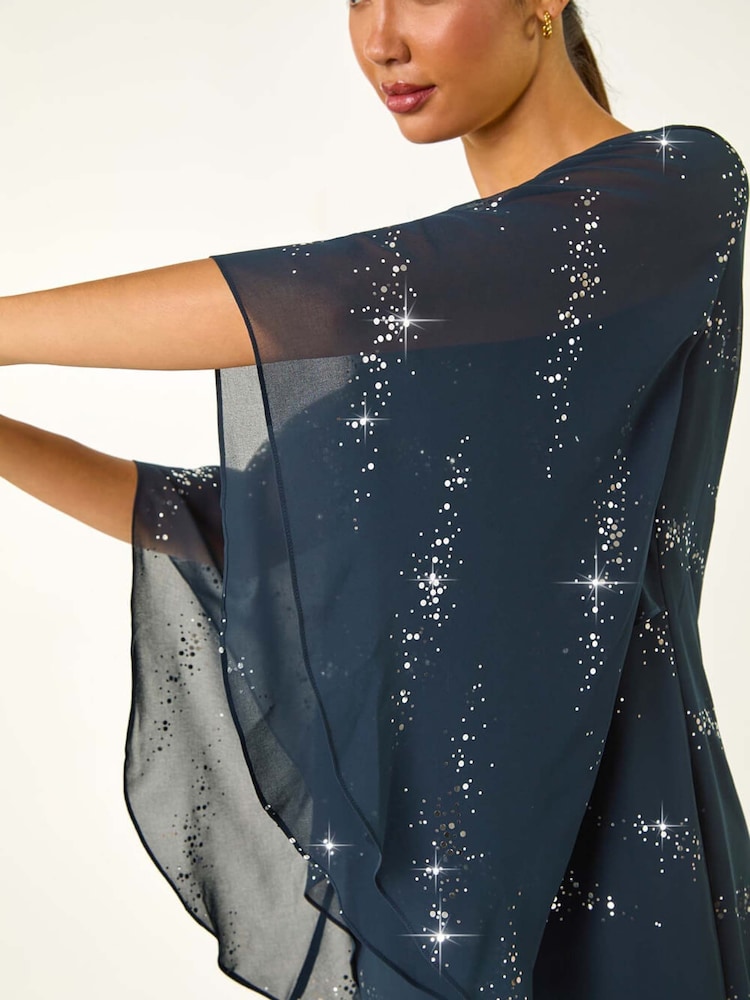 Roman Blue Sequin Embellished Asymmetric Overlay Dress - Image 5 of 5