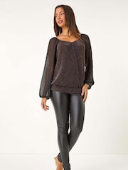 Roman Black Sparkle Chiffon Sleeve Top - Image 1 of 5