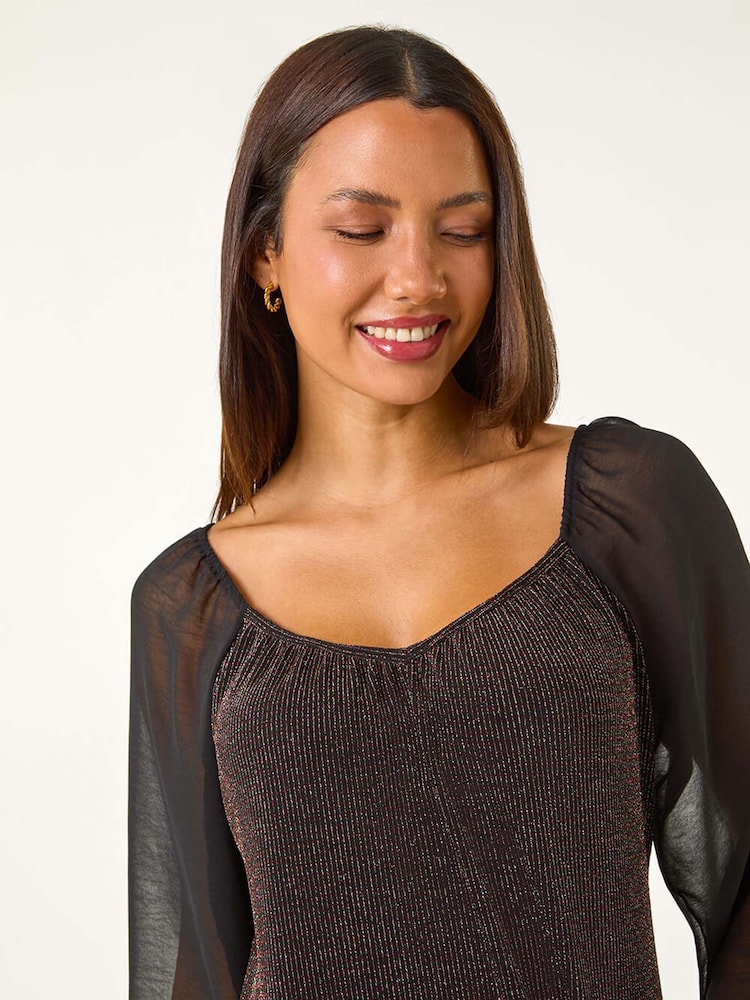 Roman Black Sparkle Chiffon Sleeve Top - Image 2 of 5