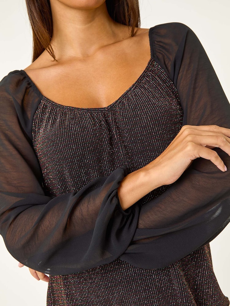 Roman Black Sparkle Chiffon Sleeve Top - Image 5 of 5