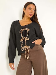 Roman Black Leopard Print Tie Front V-Neck Cardigan - Image 1 of 5