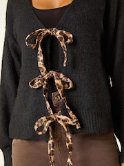Roman Black Leopard Print Tie Front V-Neck Cardigan - Image 2 of 5