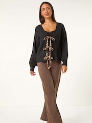 Roman Black Leopard Print Tie Front V-Neck Cardigan - Image 5 of 5