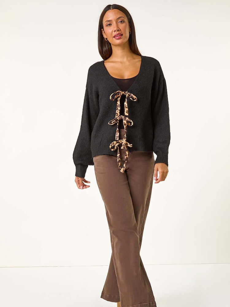 Roman Black Leopard Print Tie Front V-Neck Cardigan - Image 5 of 5
