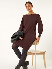Roman Brown Button Detail Slash Neck Knitted Stretch Jumper Dress - Image 1 of 5