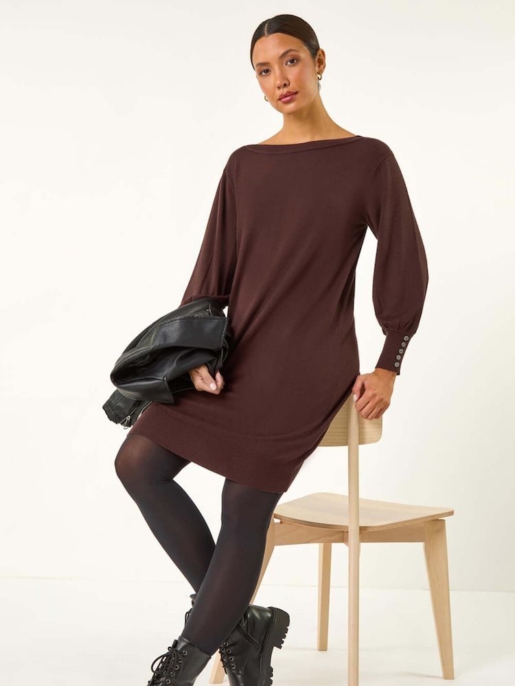 Roman Brown Button Detail Slash Neck Knitted Stretch Jumper Dress - Image 1 of 5