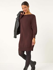 Roman Brown Button Detail Slash Neck Knitted Stretch Jumper Dress - Image 2 of 5