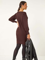Roman Brown Button Detail Slash Neck Knitted Stretch Jumper Dress - Image 3 of 5