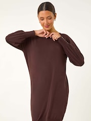 Roman Brown Button Detail Slash Neck Knitted Stretch Jumper Dress - Image 4 of 5