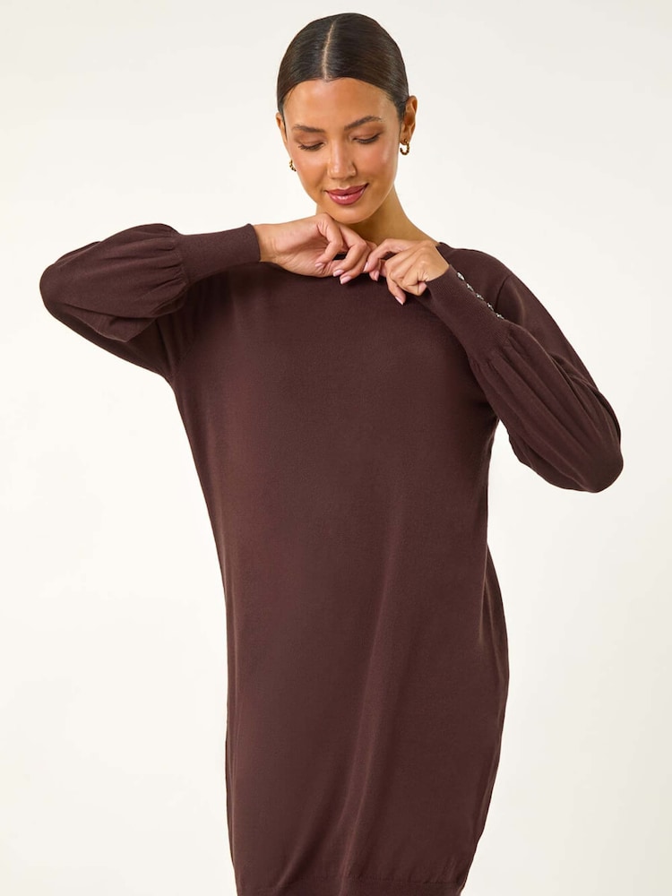 Roman Brown Button Detail Slash Neck Knitted Stretch Jumper Dress - Image 4 of 5