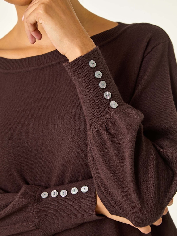 Roman Brown Button Detail Slash Neck Knitted Stretch Jumper Dress - Image 5 of 5