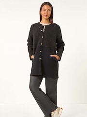 Roman Black Collarless Contrast Button Knit Jacket - Image 4 of 5