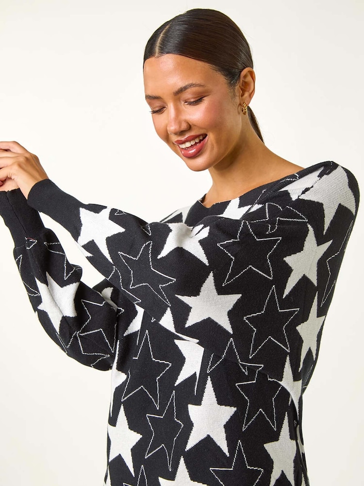 Czarny - Roman Star Print Long Sleeve Knit Jumper - Image 1 of 6